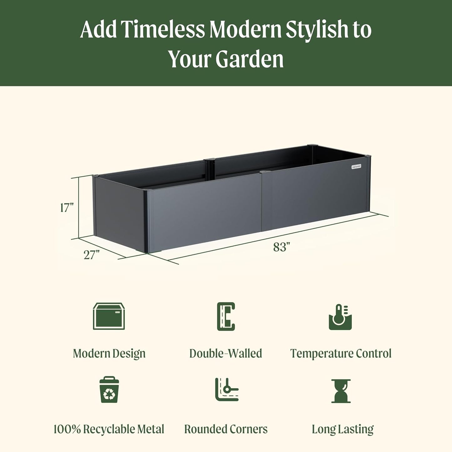 Vego garden Modern Raised Garden Bed 17" Tall 27" x 83" Heavy Metal Planter for Trees Plants Flowers Double-Walled Steel Planters for Commercial Residential Patio, Urban Charcoal