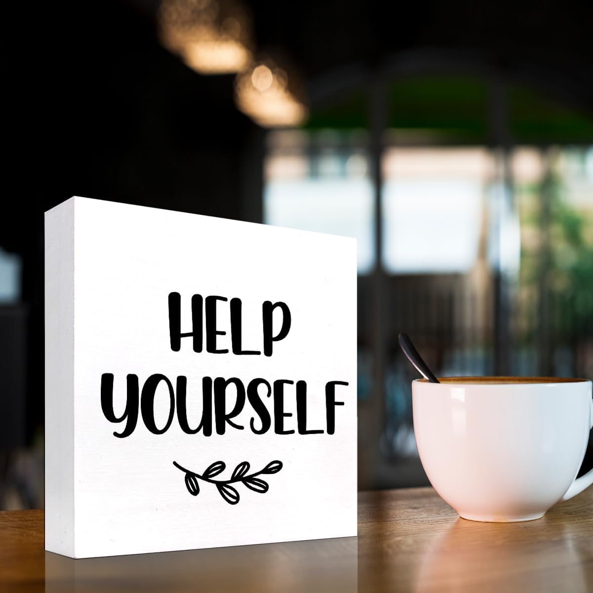 Help Yourself White Wood Block Sign Desk Decor,Rustic Wooden Box Plaque Sign for Home Bedroom Farmhouse Shelf Table Decor