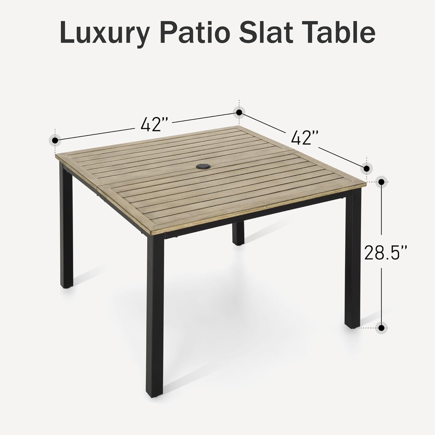 PHI VILLA Outdoor Patio Table, Square Metal Steel Slat Table with 1.57”- 1.9” Adjustable Umbrella Hole, Weather-Resistant Outdoor Dining Table for Garden Deck, 42" x 42" x 28.7", Brown