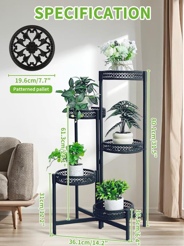 Plant Stand Indoor Outdoor, 5 Tier Corner Metal Flower Display Holder Shelf, Folding Tall Rack for Patio Balcony Porch Garden Living Room House, Heavy Duty Wrought Iron Plant Shelf- BlackWave