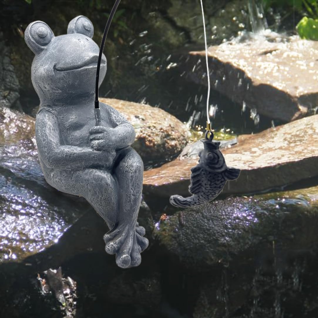Frog Fishing Statue Garden Decor – 9.8" Weatherproof Resin Frog Fishing Sculpture Decor for Fish Ponds, Koi Ponds, Waterfalls, Poolside & Outdoor Gardens– Resin Figurine for Indoor & Outdoor Décor