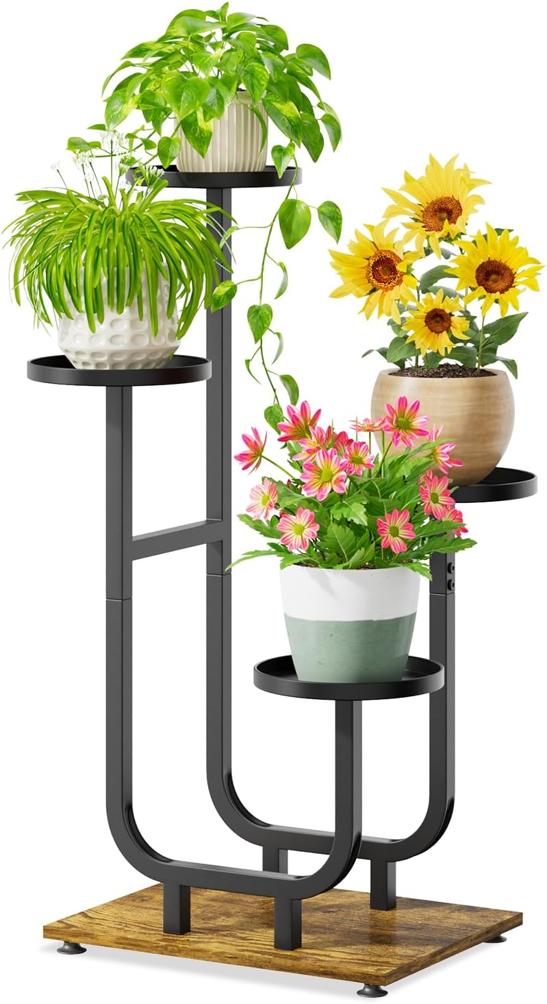 iDavosic.ly 4 Tier Plant Stand Indoor, Corner Tiered Multiple Flower Holder Shelf with Metal Trays, Orchid Display Wooden Rack for Patio Porch Living Room Balcony Outdoor, Modern Black & Rustic Brown