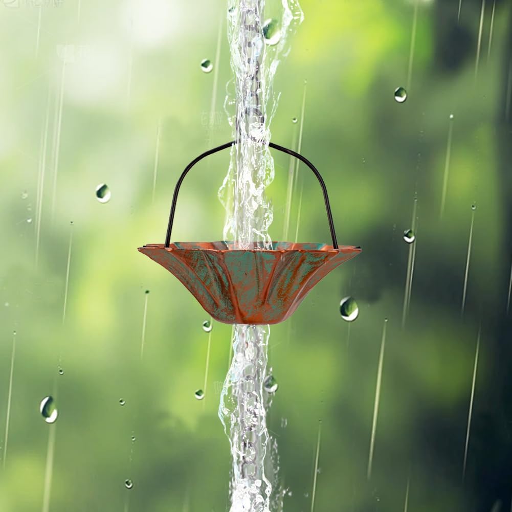 10 FT Lotus Rain Chain, Rain Chains for Gutters with 12 Bronze Cups, Adjustable Rain Catcher Chain with Bell for Eaves Drainage, Replacement for Downspout