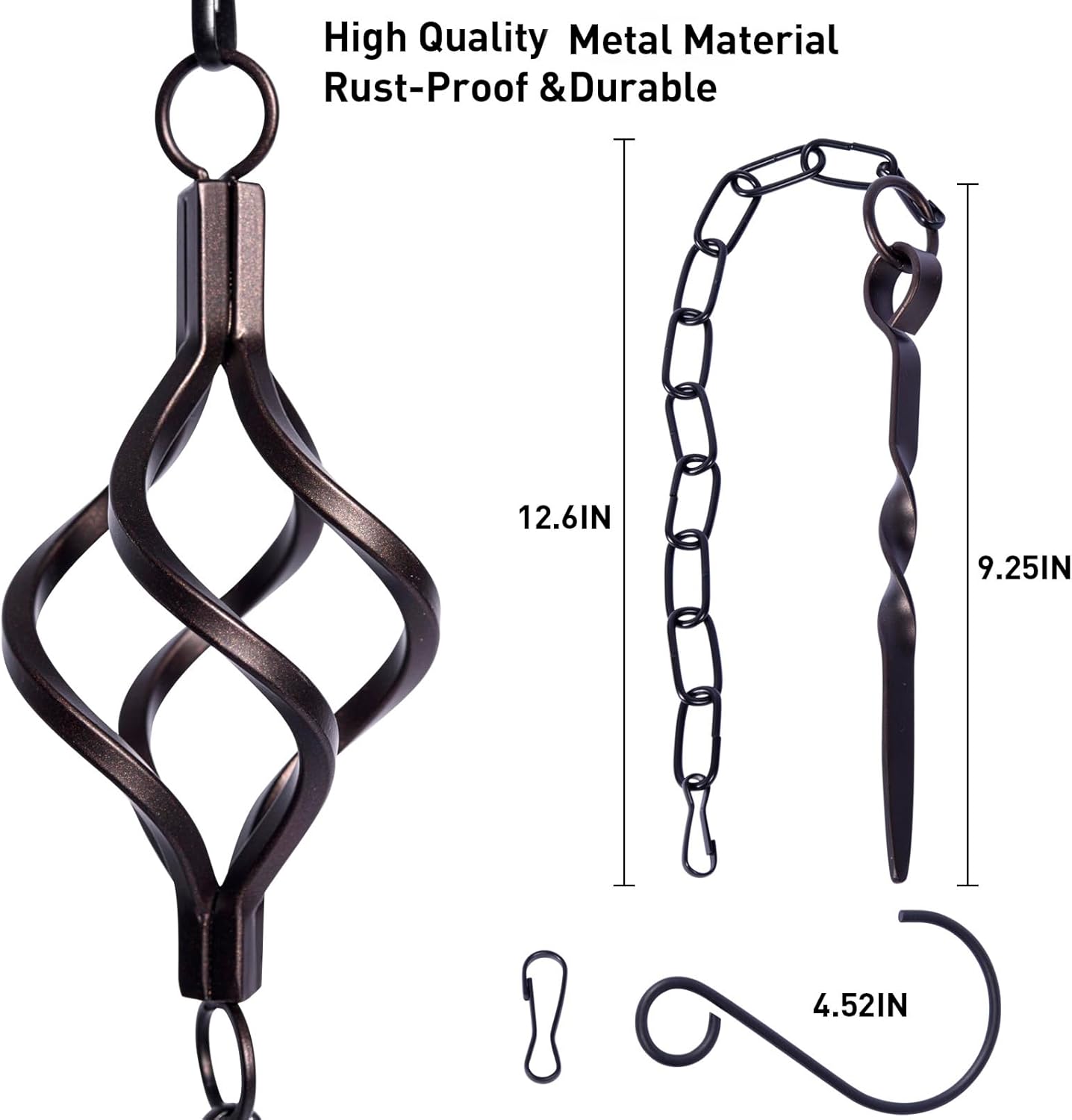 Rain Chain Bird Cage Set 8.5Ft, Not Rust Wrought Iron Rain Chains for Gutters with Adapter Gotta Drain and Sturdy Anchoring Stake,13 Cups, 1 Hook, Adjustable Length for Garden Decorative (Coffee)