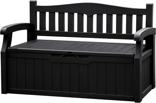 JUMMICO 80 Gallon Resin Outdoor Storage Bench, Large Deck Box with Armrest, Lockable & Waterproof for Garden, Home, Patio, Pools (Black)