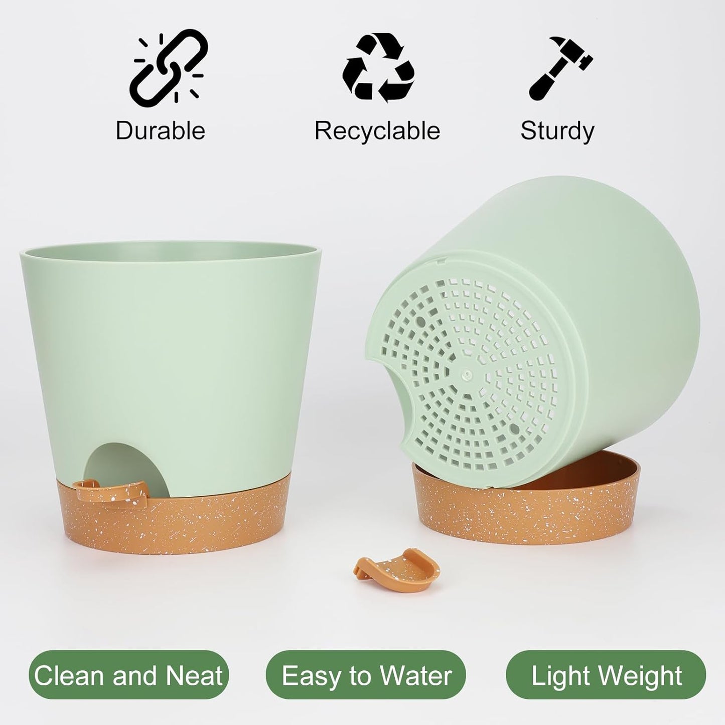 8-Inch Plant Pots, Self-Watering Planters with Drainage Holes & Saucers for Indoor and Outdoor Plants (2-Pack, Green)