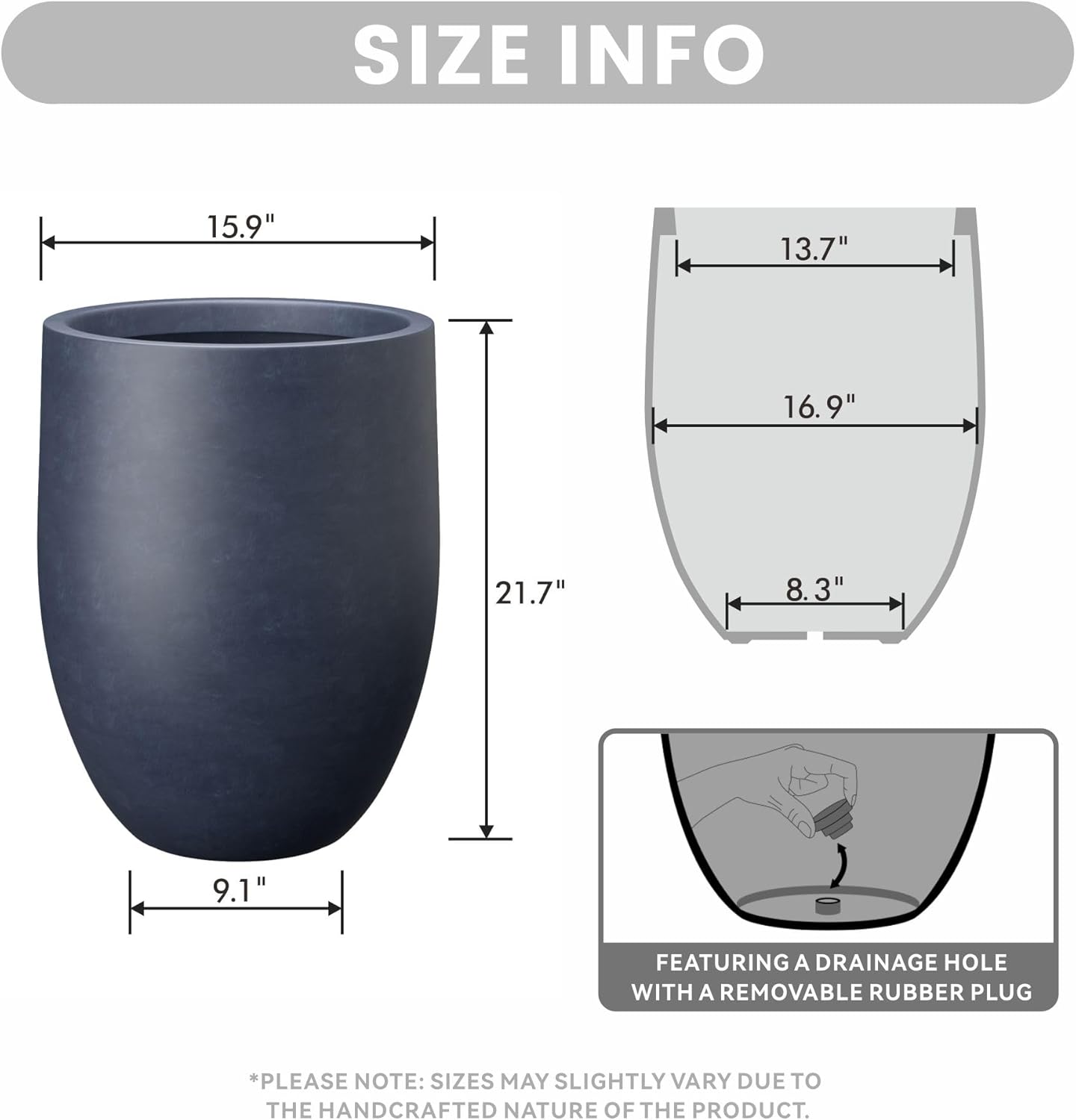 Kante Tall Concrete Planter, 21.7-Inch Height Charcoal Large Indoor Outdoor Plant Pot with Drainage Hole for Patio Garden Home, Modern Decor for Flowers and Tree
