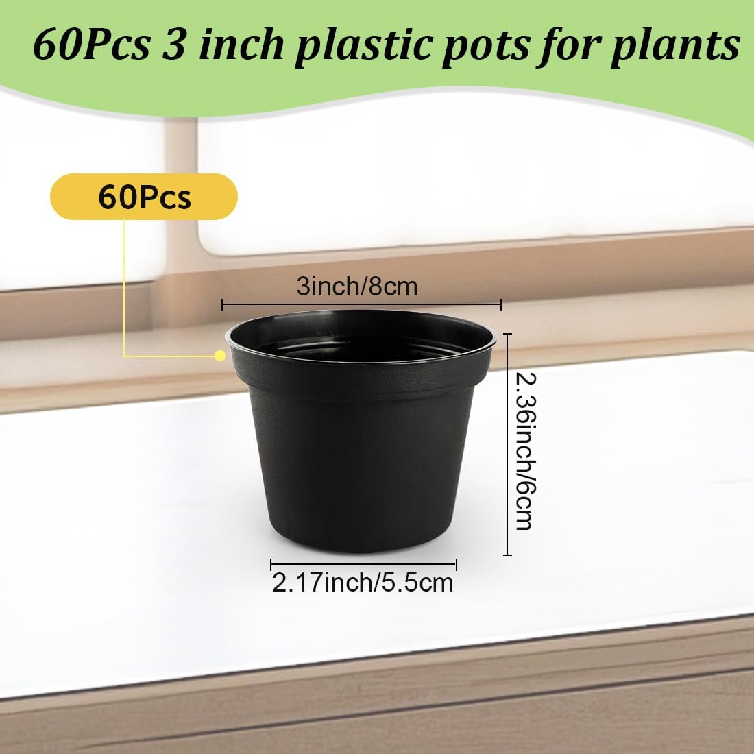 60 Pack 3 Inch Black Nursery Pots - Plastic Seedling, Seed Starter, Germination Pots with Drainage for Plants, Succulents, Flowers, Transplanting Gardening Gifts