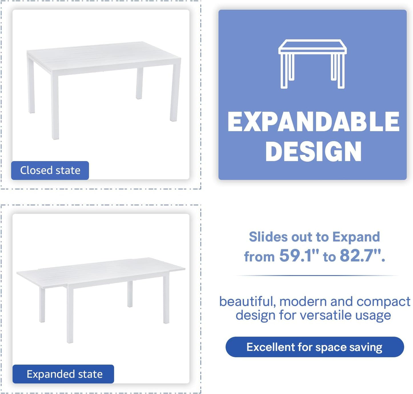 Soleil Jardin Aluminum Patio Extendable Dining Table, 59" - 83", Adjustable Indoor Outdoor Furniture Rectangle Table for 6-8 Person Porch Deck Garden, White