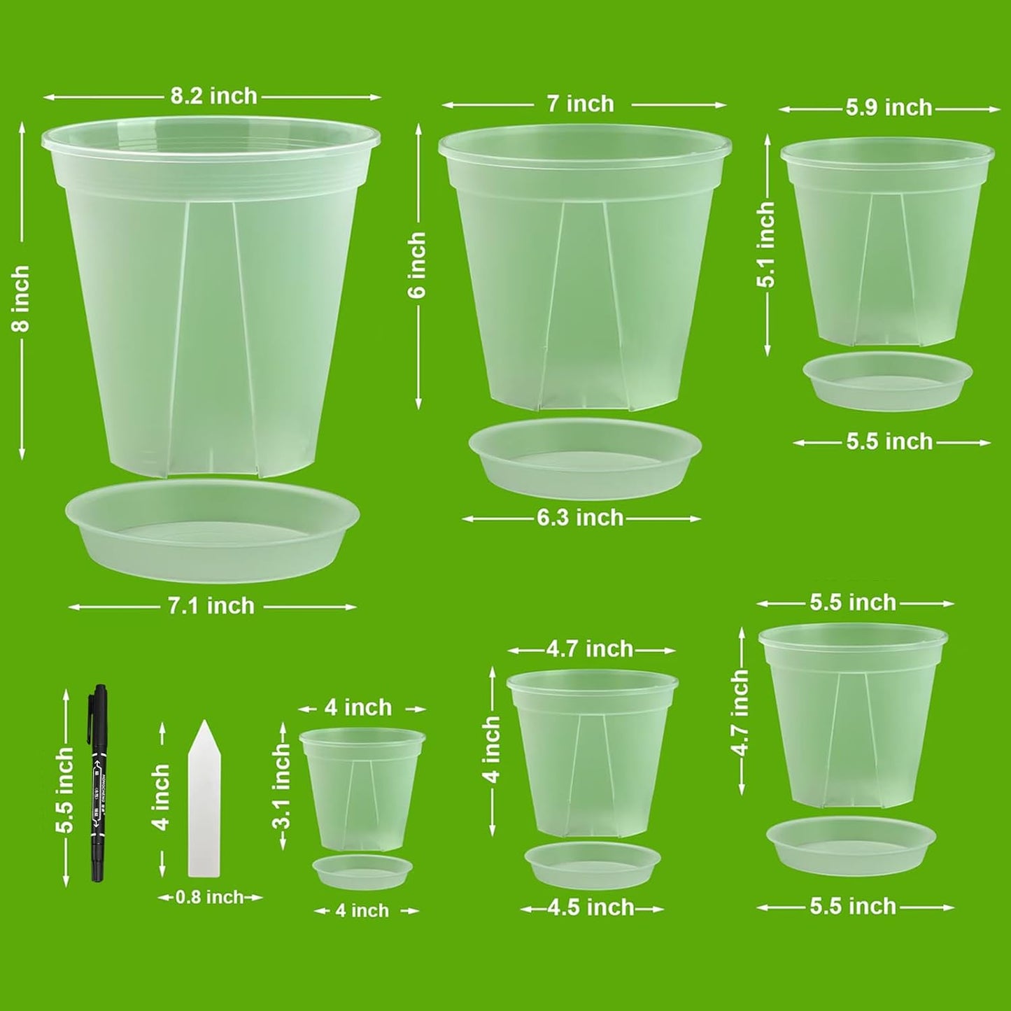 Transparent Plants Nursery Pots with Tray 4/5/5.5/6/7/8 Inch Sturdy Material Plastic Planter with Drainage Hole, Plant Pots for Garden, Houseplant with 12pcs Plant Labels, a Maker Pen, 6 Sets