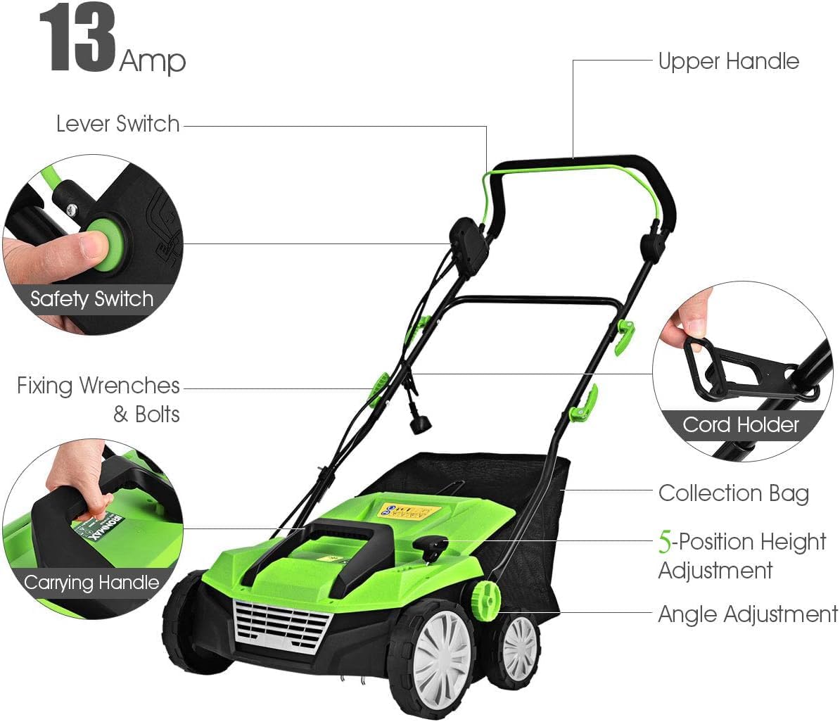 Goplus 2-in-1 Electric Corded Lawn Dethatcher with 5 Cutting Heights, 15-Inch 13 Amp Electric Scarifier w/ 13.5 Gallon Collection Bag, 2 Removable Blades for Garden Yard