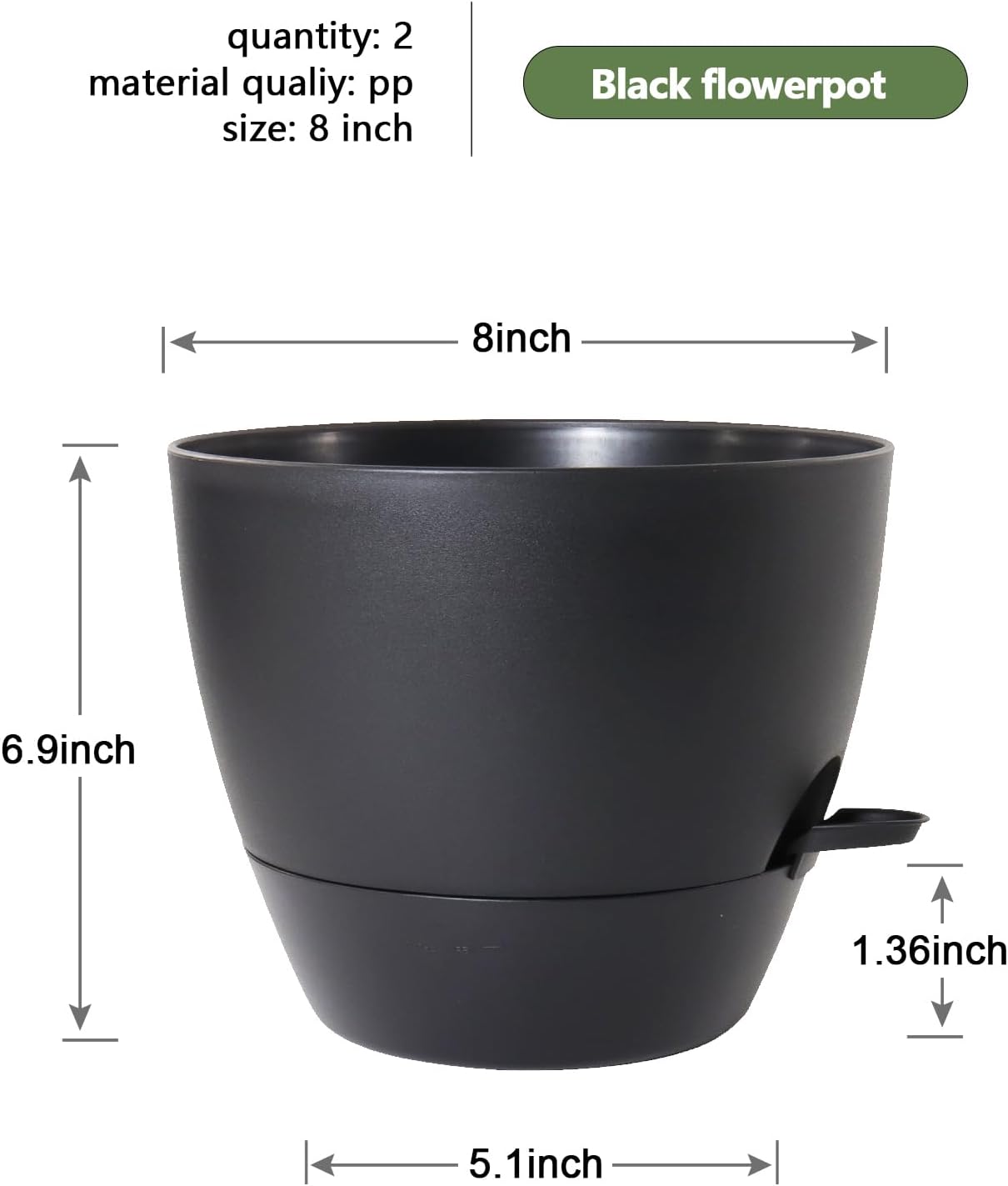 8 inch Self Watering Pots, 2 Pack Plastic Planters with Mesh Drainage Holes for Garden Plants and Flower, Plants Pots with Deep Reservoir for Indoor Outdoor Plants, Black