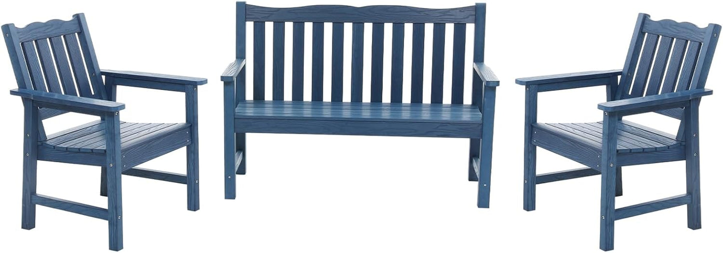 Stoog Outdoor Chairs & Bench Set, All-Weather Patio Furniture Set, Include 2 Patio Chairs and 1 Bench, Blue