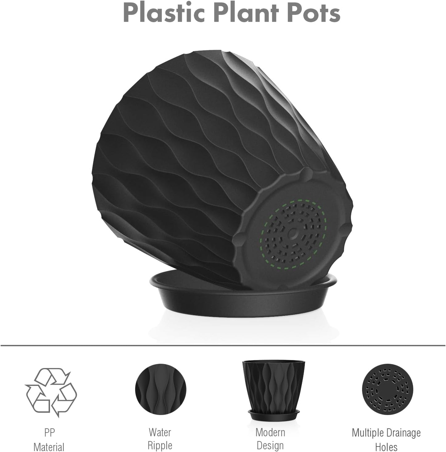 6 inch Plant Pots, 5 Pack Flower Pots for Indoor Outdoor Plants, Water Ripples Plastic Planters with Drainage Holes and Saucers, Nursery Pots for Small Succulent Garden House Plants, Black