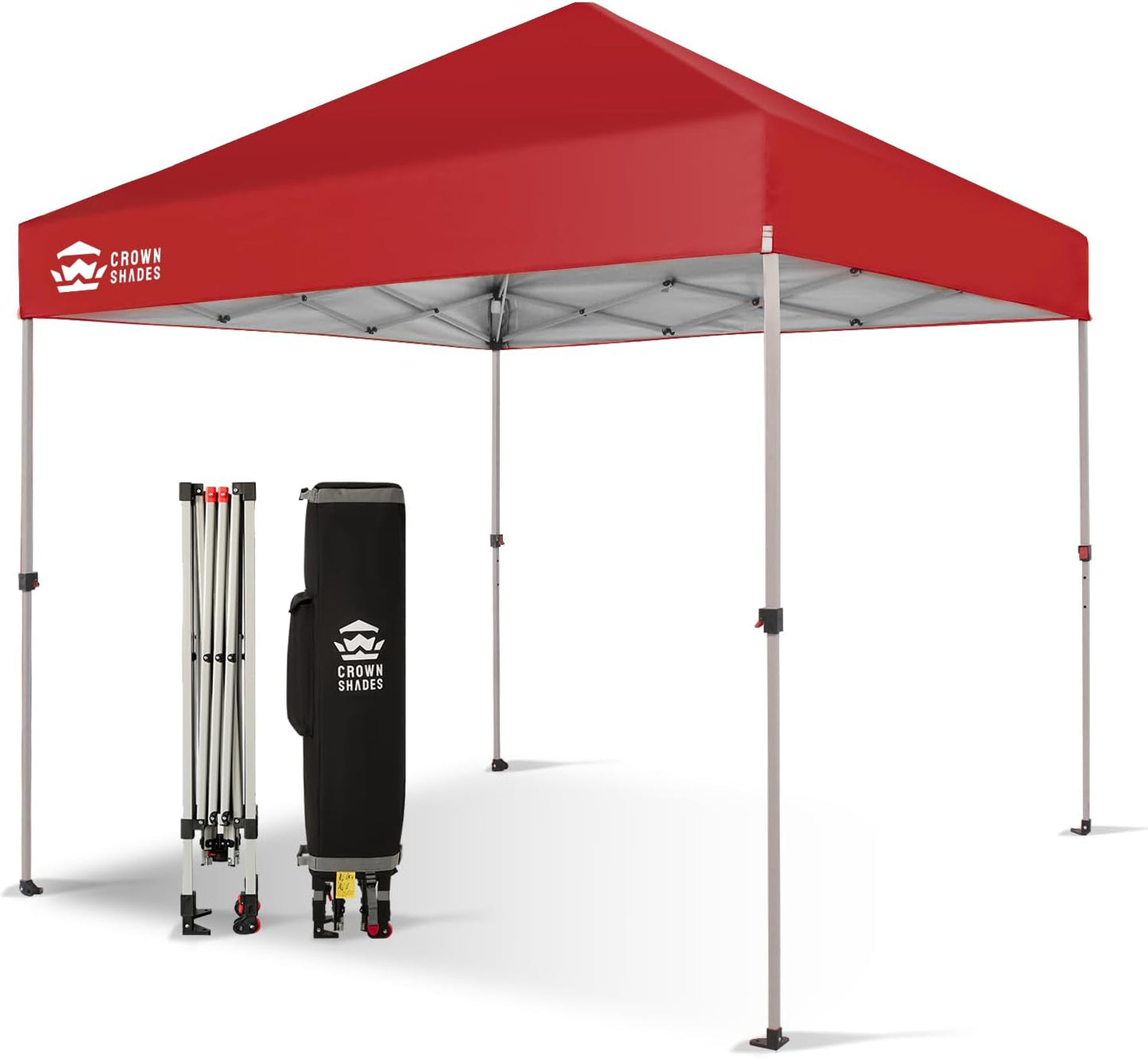 CROWN SHADES 8x8 Pop Up Canopy - Beach Tent with One Push Setup - Easy Outdoor Sun Shade for Events, Parties, Camping - Gazebo with STO-N-Go Cover Bag, Silver Coated Top, Red