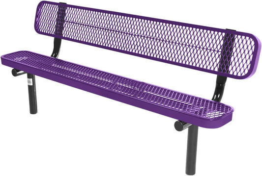 Coated Outdoor Furniture Heavy-Duty Outdoor Bench Thermoplastic Coated, Expanded Metal, Commercial-Grade Seating, Made in America (Inground with Back, 6 Ft, Purple)