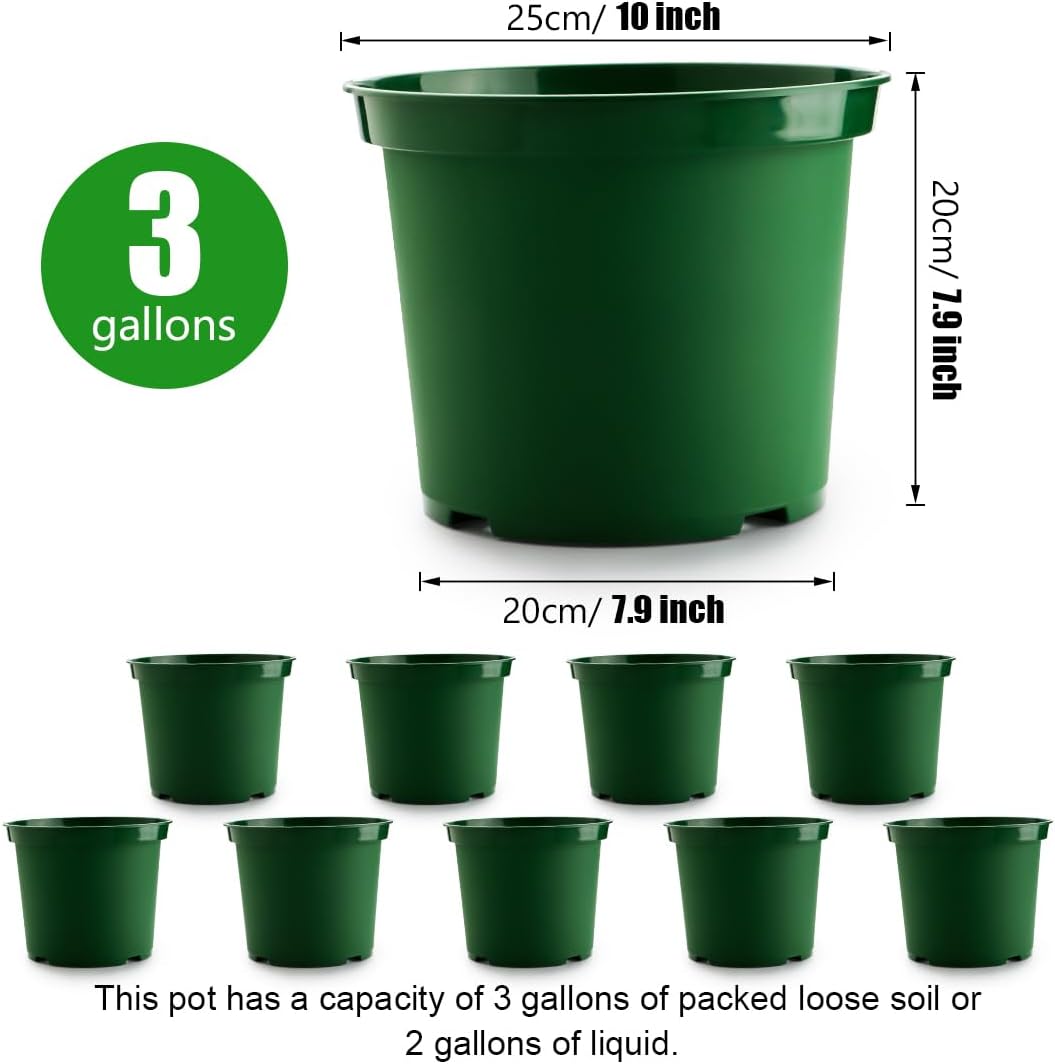 3 Gallon Plastic Nursery Pots, 10 Inch Round Plant Pots with Drainage Holes, 10 Pack Planting Pot for Outdoor Indoor Plants, Gardening Gifts for Women, Green