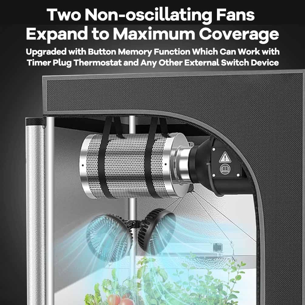 Grow Tent Fan, 5in Two Fans for Greenhouse Plant All Direction Ventilation Circulation Instead of Oscillating, Can Work with Timer and Thermostat, 3 Speeds IP54 Waterproof 8ft Cord Power Adapter