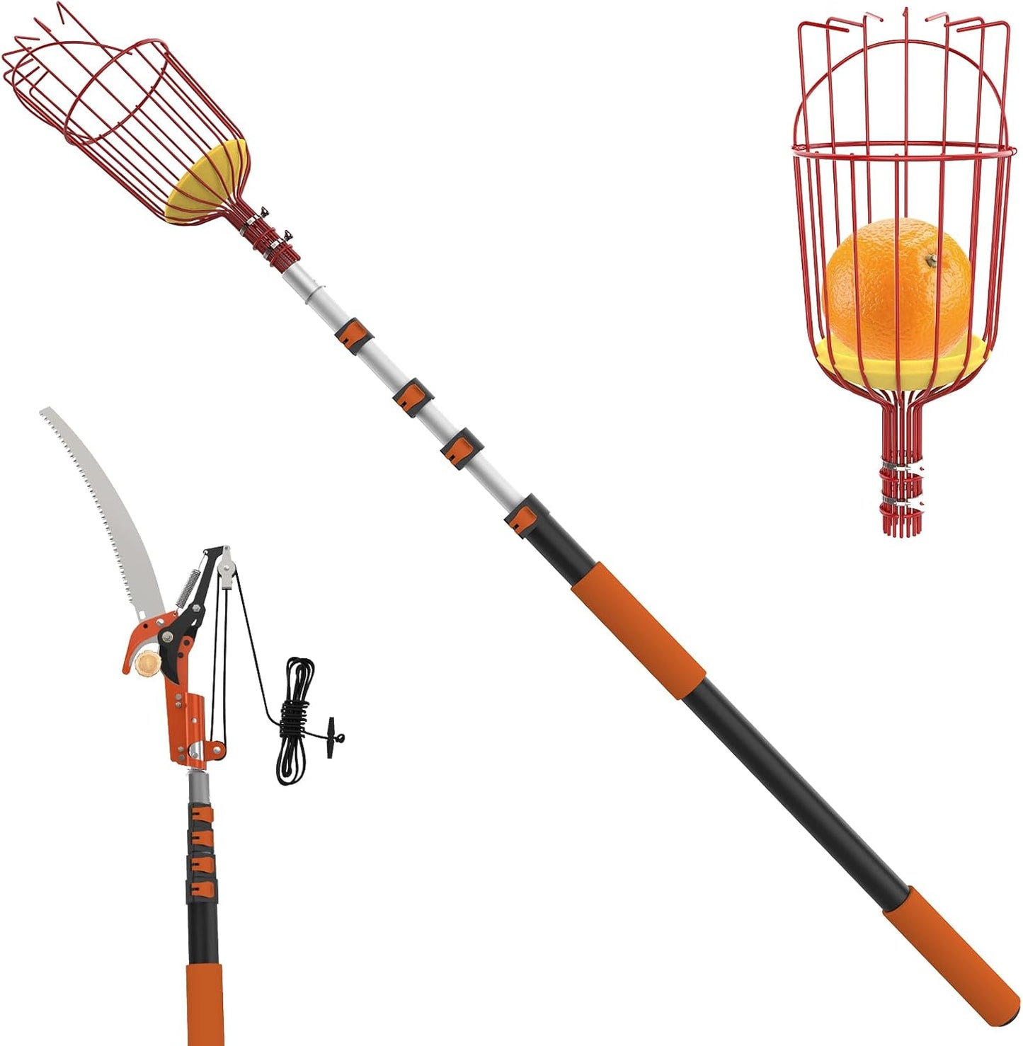 20FT Reach Fruit Picker Pole with Basket Telescoping, Apple Picker with Tree Trimmer and 3-12FT Extension Pole for Orange Lemon Mango Avocado Guava Fruit Picking