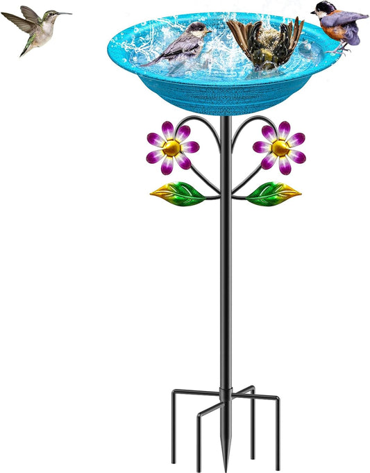 Metal Bird Bath for Outside Garden Birdbath Bowl, Freestanding Bird Feeders for Outdoors with 5 Prongs Base Stake, Standing Birdfeeders Bath Bowl for Yard Decor (Retro Blue)