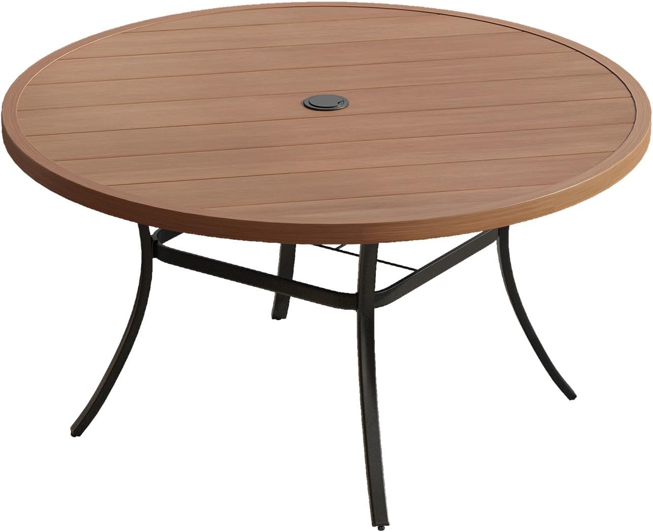 VICLLAX 53" Outdoor Round Patio Table for Lawn Garden, All Weather Metal Round Patio Dining Table with Adjustable Umbrella Hole, Patio Table for 8 Person, Walnut Tabletop