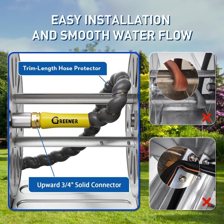 GREENER Stainless Steel Hose Reel for Outside,Wall Mount Garden Hose Holder Heavy Duty Metal Reel, 3/4" Solid Connector with 5/8" Inlet Hose and Crank,65-Feet 5/8" Hose Capacity