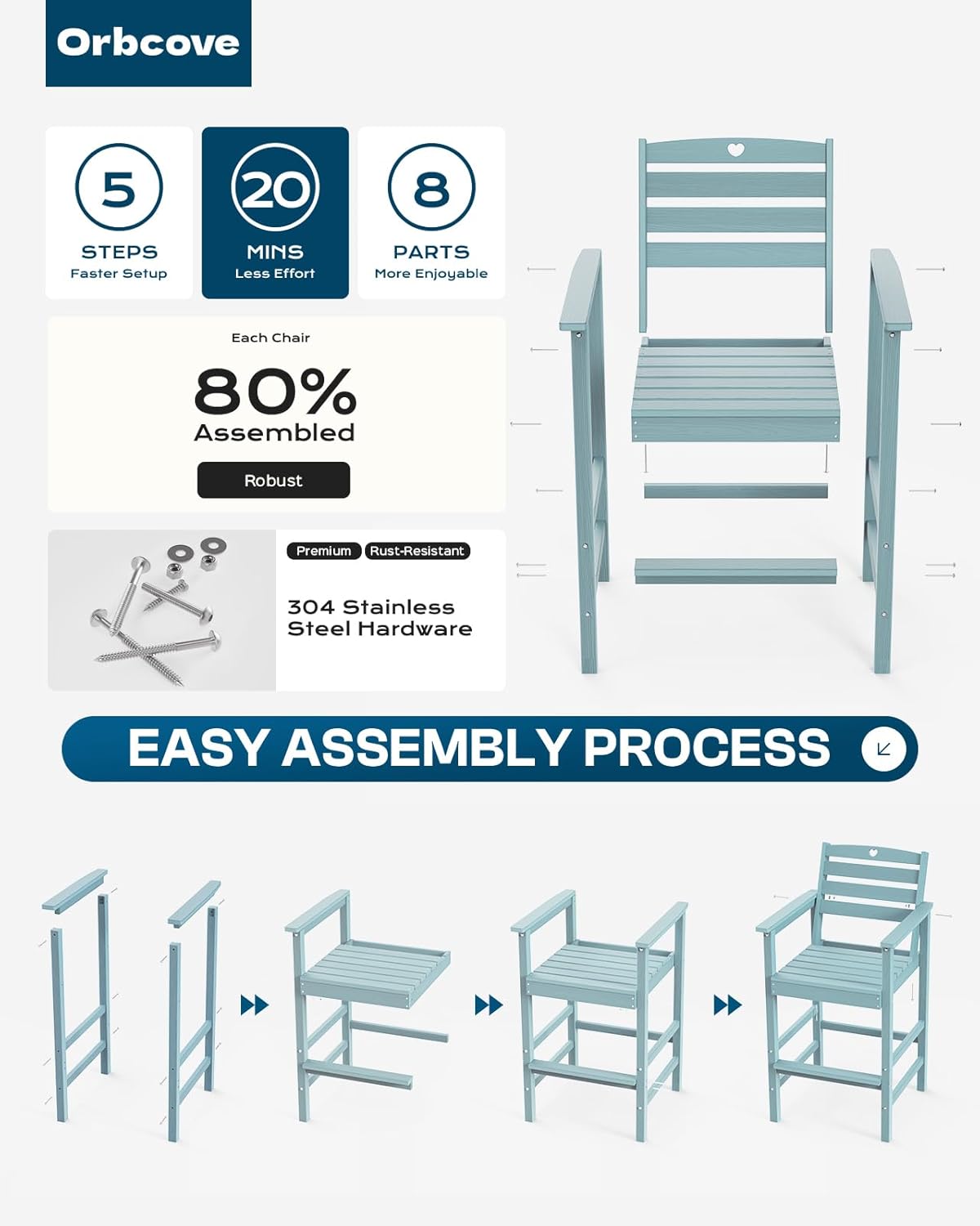 5-Piece Bar Height Outdoor Table and Chairs Set, HDPE Wood Grain Patio Bar Table and Chairs with Heart Cutout Design, Weather-Resistant Bar Height Furniture for Deck, Porch, Pool (Light Blue)