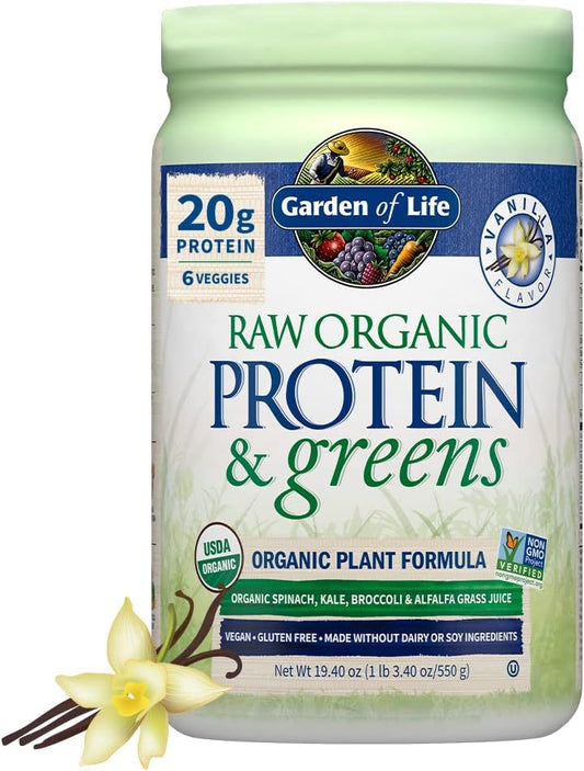 Garden of Life Raw Organic Protein & Greens Vanilla - Vegan Protein Powder for Women and Men, Plant and Pea Proteins, Greens & Probiotics, Gluten Free Low Carb Shake Made Without Dairy 20 Servings