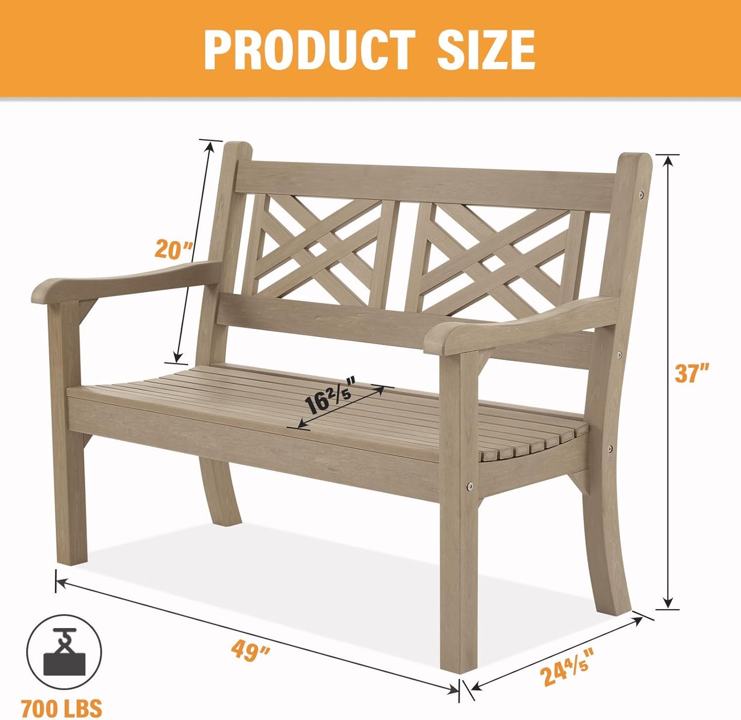Psilvam 49''W All-Weather Poly Lumber Outdoor Bench – Grey, 2-Person Garden Bench with Decorative Backrest & Curved Armrests, Anti-Fade Patio Bench for Porch, Backyard, and Park(Grey)