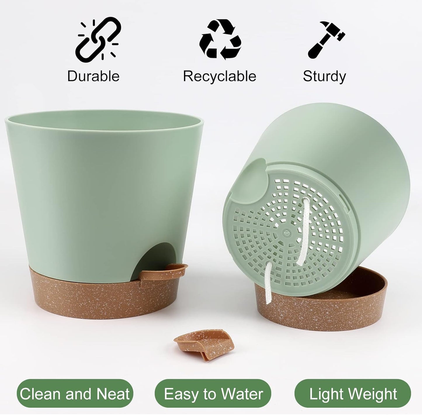 Indoor Self Watering Planters with Drainage Holes and Saucers, 8, 7, 6.5, 6, 5.5, 5 Inches, Green, 6 Pots