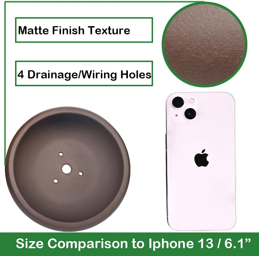 MUZHI 5.3” Round Ceramic Bonsai Starter Pots with Trays Set of 2 Brown and Red, Small Vintage Unglazed Succulent Pots with Saucers Minimalist Classic Mame Bonsai Planter with Drainage