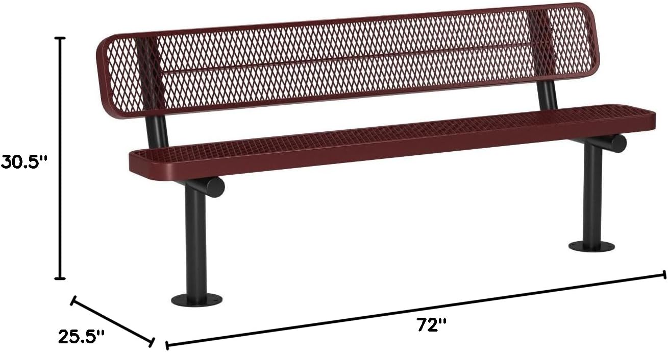 Coated Outdoor Furniture Heavy-Duty Outdoor Bench Thermoplastic Coated, Expanded Metal, Commercial-Grade Seating, Made in America (Surface with Back, 6 Ft, Red)