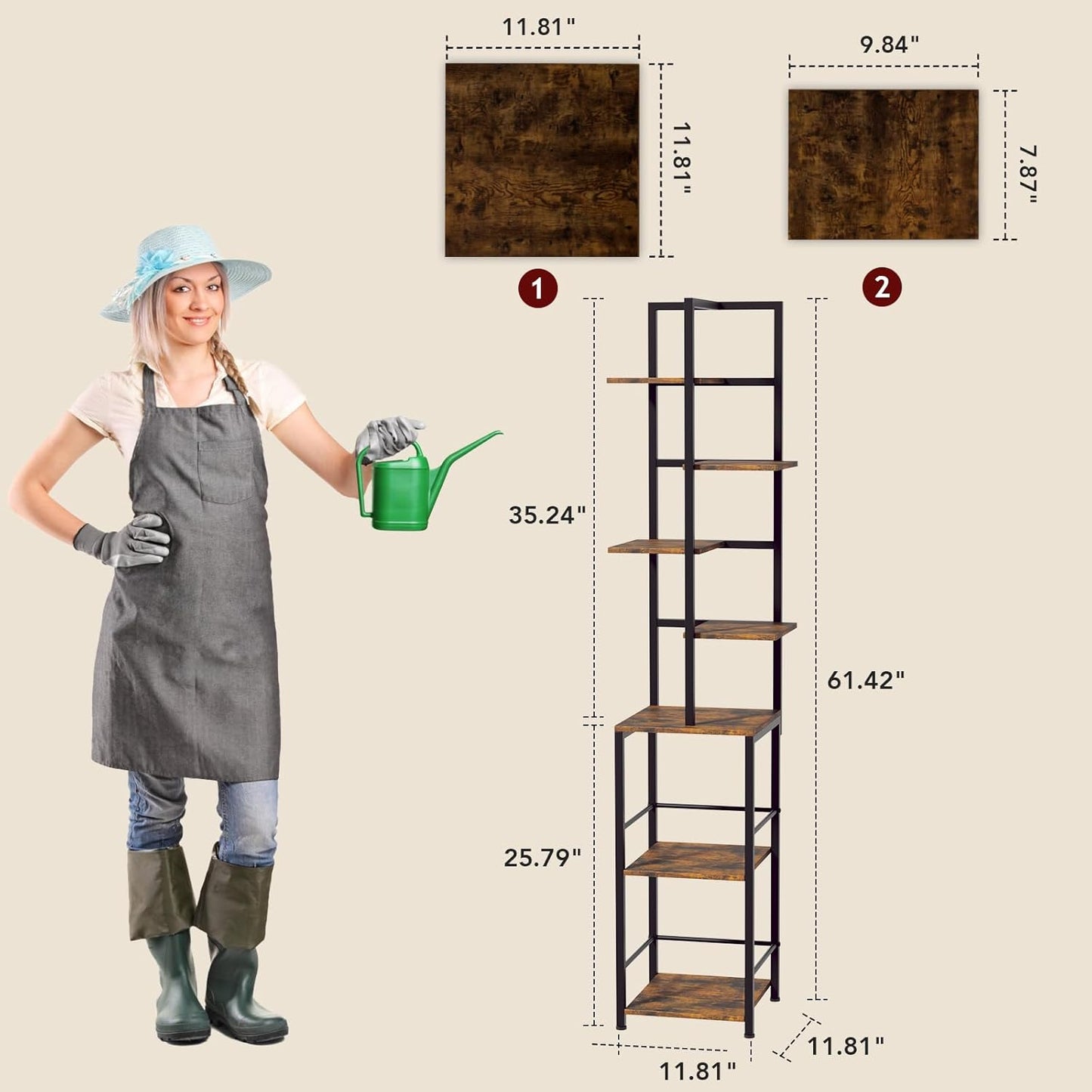 Plant Stand Indoor with Grow Light, 7-Tiered Tall Plant Stand Indoor, Metal Plant Shelf with Bookshelf Bookcase and Adjustable Light, Ideal for Living Room, Reading room, Garden, Patio (Brown)