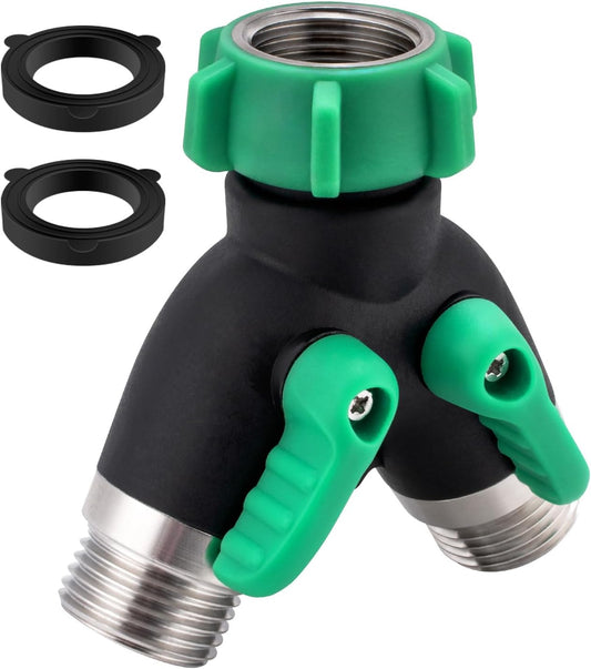 Garden Hose Splitter 2 Way, 304 Stainless Steel Hose Splitter 2 Way Heavy Duty, 3/4" Full Flow Y Valve Water Hose Splitter, Outdoor Faucet Splitter Y Connector for Garden Hose