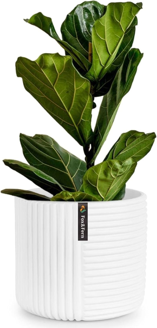 Fox & Fern Large 12 Inch Planter with Drainage Plug — Premium Polystone White Plant Pot; Modern Planter with 3D Texture and Ceramic Finish; 12 Inch Pots for Plants Indoor & Outdoor