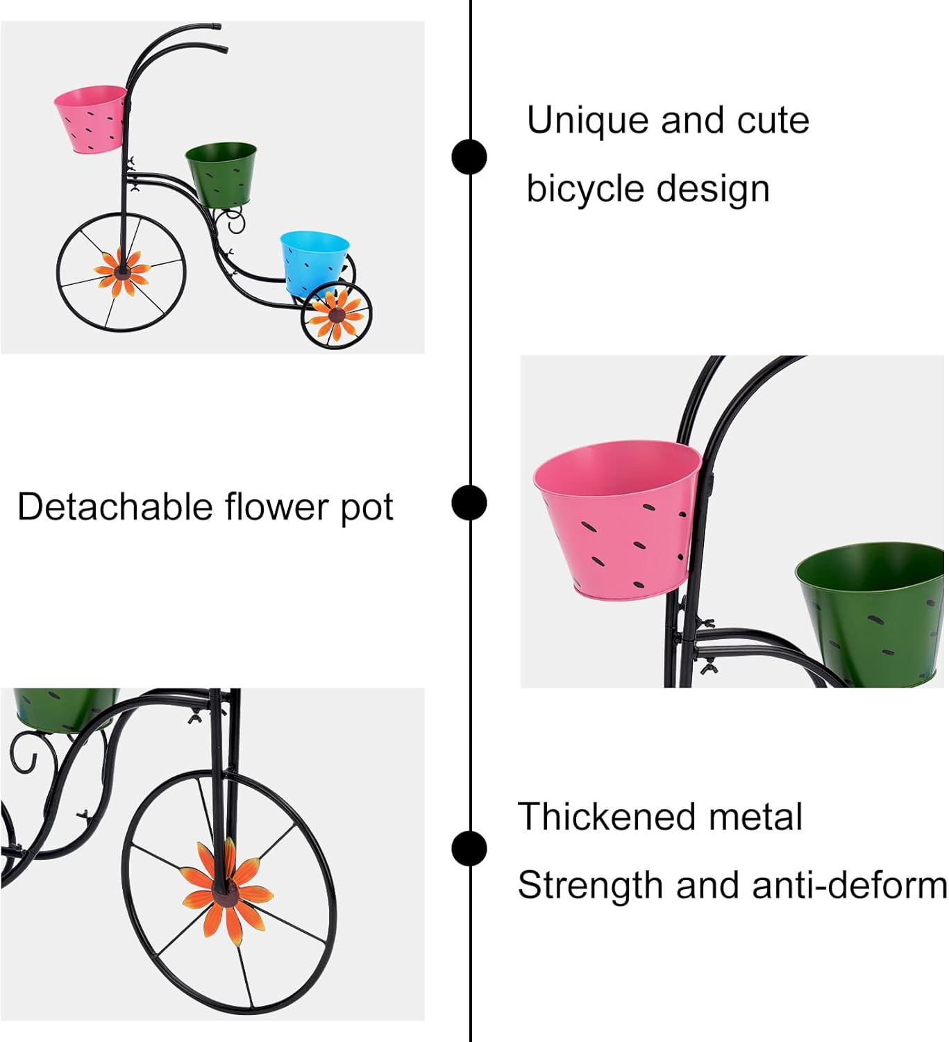 LEWIS&WAYNE Metal Tricycle Planter, 3 Tier Floral Flower Plant Stand Holder Hand Painted Outdoor Garden Patio Decor