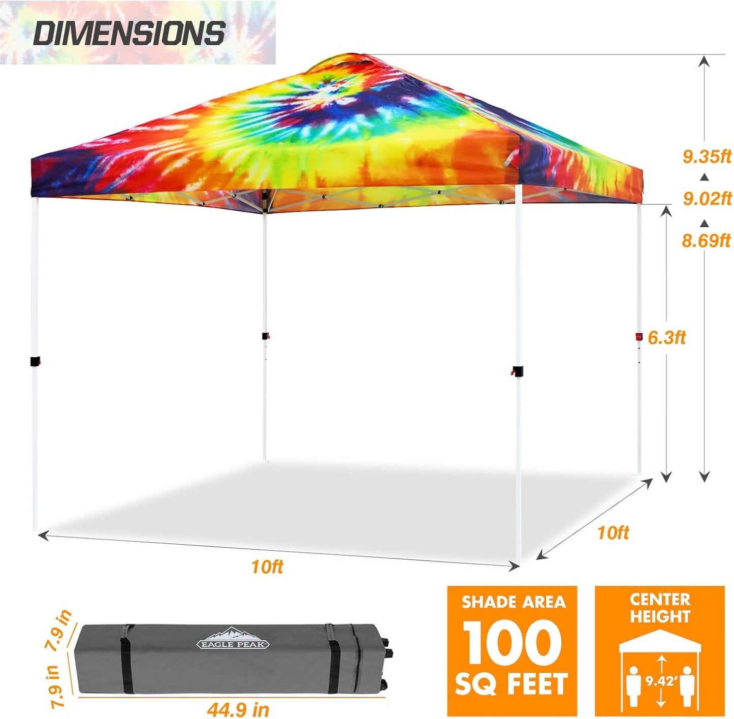 EAGLE PEAK Pop Up Canopy Tent with Wheeled Carry Bag, 8 Stakes, 4 Ropes, 4 Weight Bags, Easy Set Up Tent Canopy, 10x10 ft, 100sqft of Shade, Cosmic Tie Dye