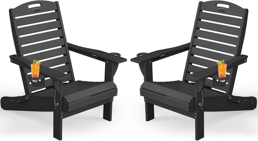 Adirondack Chairs Set of 2, Outdoor Fire Pit Chairs, HDPE All-Weather Adirondack Chairs with Cup Holder, Lawn Chair for Deck, Patio, Garden (Black)