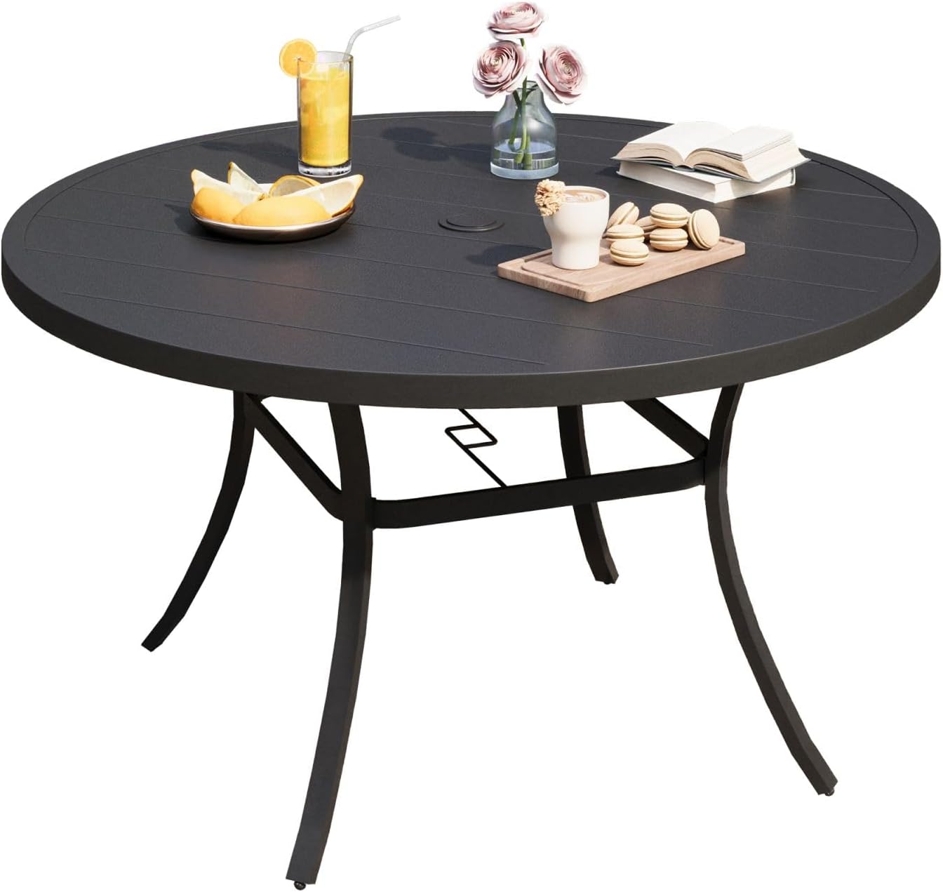 DIFY Patio Round Dining Table, 53" All Weather Round Outdoor Table with 1.57" Umbrella Hole for 8 Person, Perfect for Yard, Balcony and Lawn, Black Tabletop