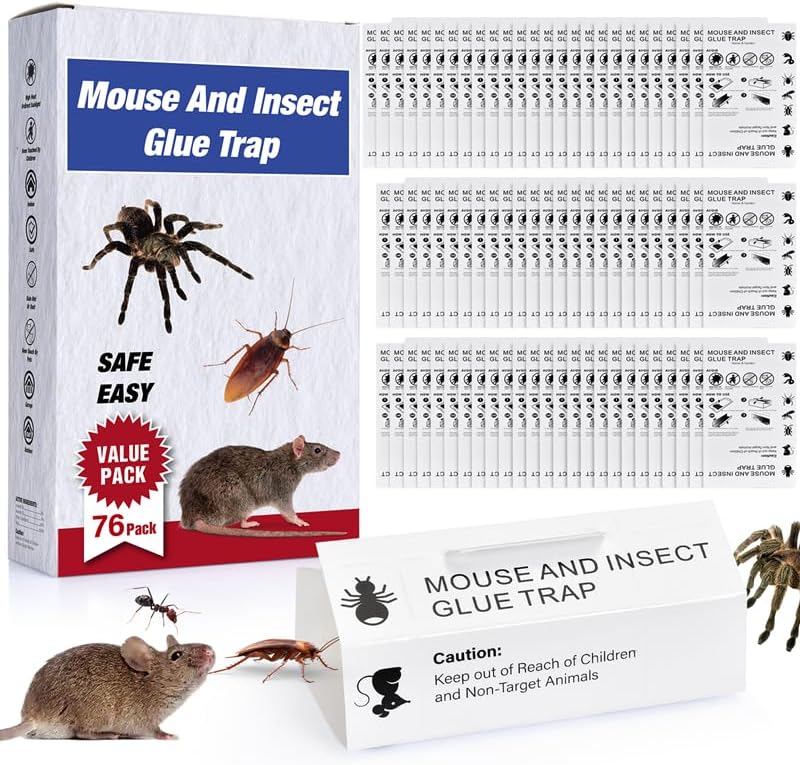 76Pack Mouse & Insect Traps Indoor for Home, Glue Traps for Mice Roach Ant Snake Rats Rodents, Sticky Pest Control Adhesive Tray for Catching Bugs, Sesame Oil Scent Non Toxic Pre-Baited Glue Boards