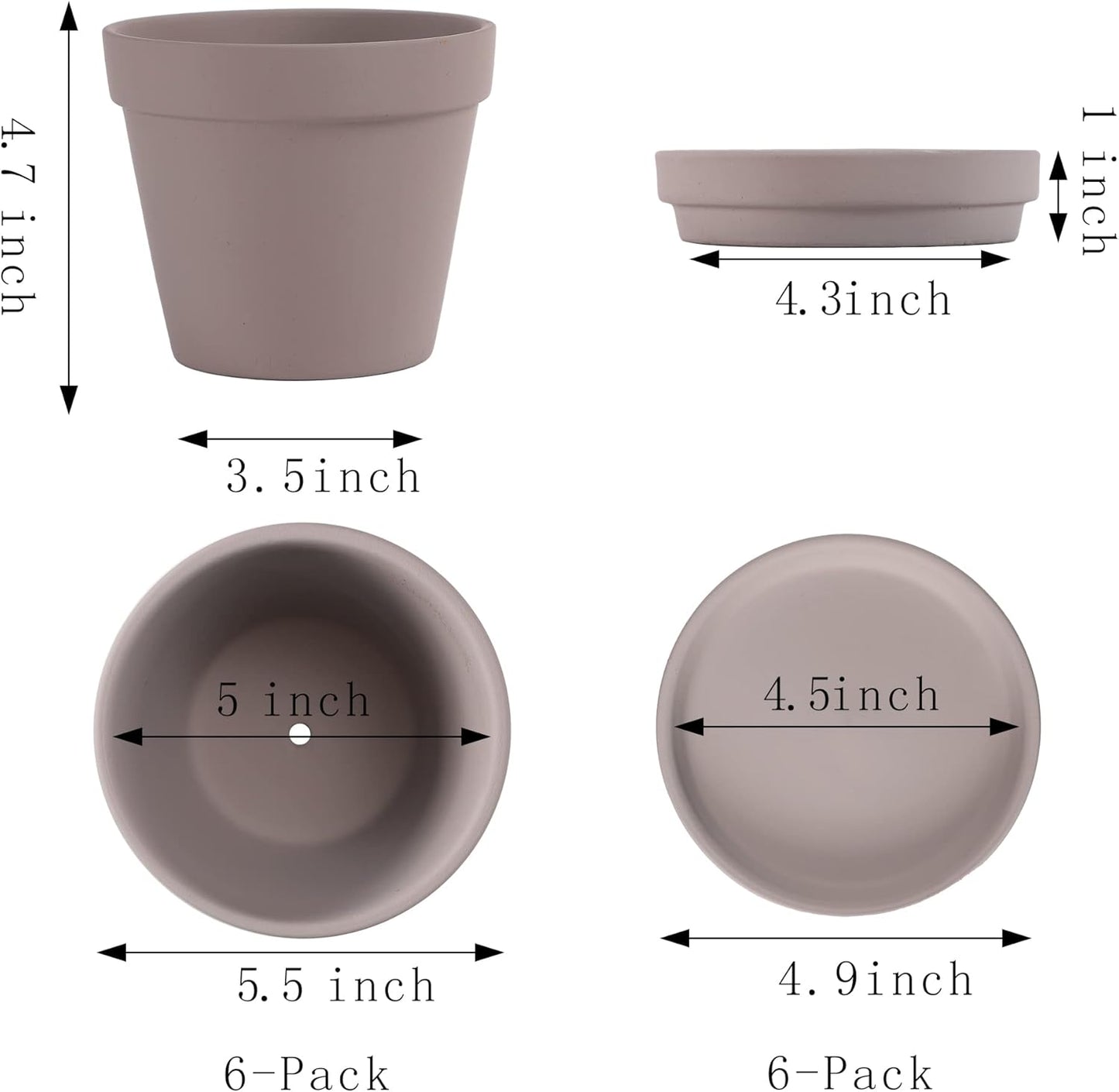 Terra Cotta Pots with Saucer- 6-Pack Large Terracotta Pot Clay Pots 5.5'' Clay Ceramic Pottery Planter Cactus Flower Pots Succulent Pot with Drainage Hole- for Plants,Crafts terra cotta planter(Grey)