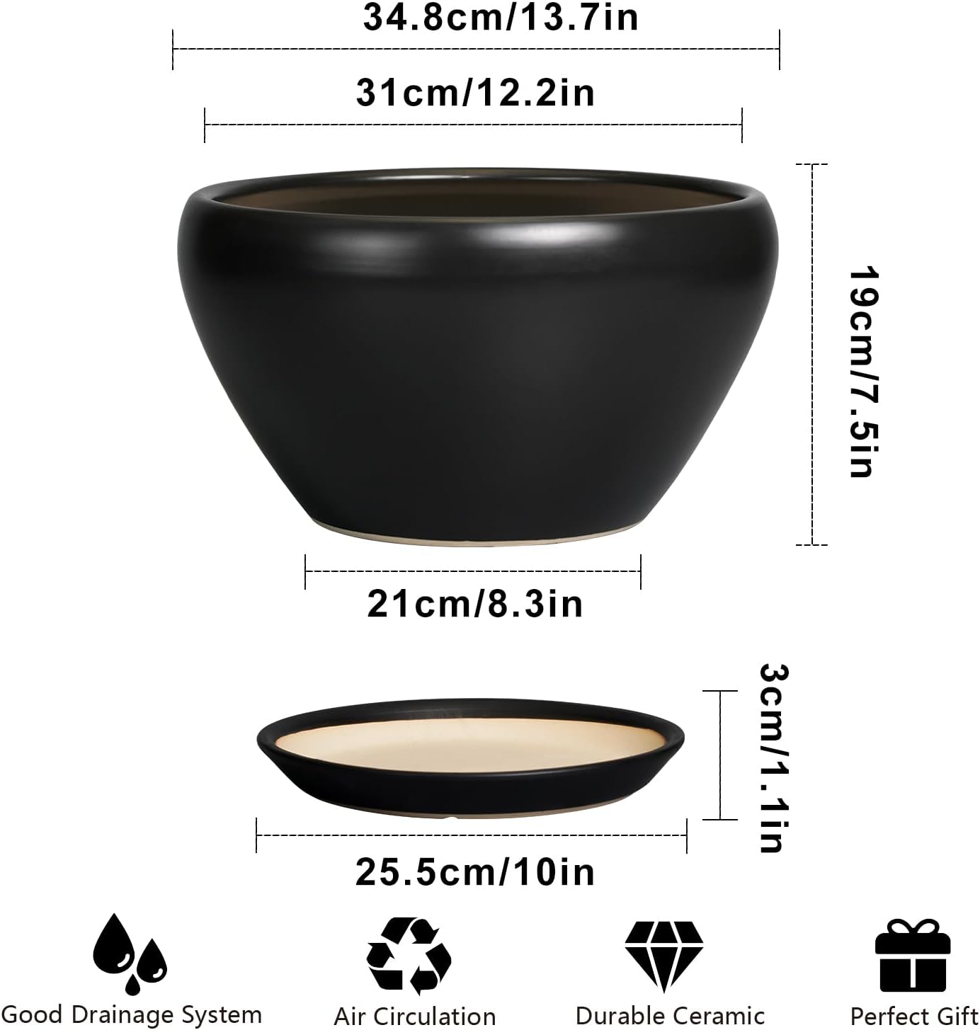 Ceramic Pot for Plants Large - 13 Inch Plant Pot Indoor with Drainage Hole and Saucer Round Planter Decorative Planter Outdoor Flower Pot for House Decor Balcony Black