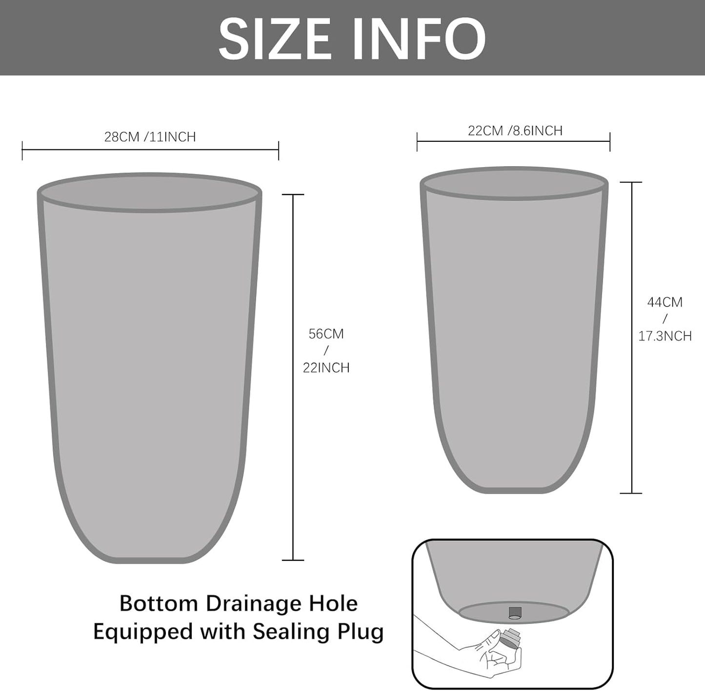 Yundu 17 & 22 inch high Concrete Plant pots Set of 2. Flower pots with Drainage Hole. Tall planters for Indoor Plants, Large planters for Outdoor Plants, Such as Garden, Patio and Front Porch Decor.