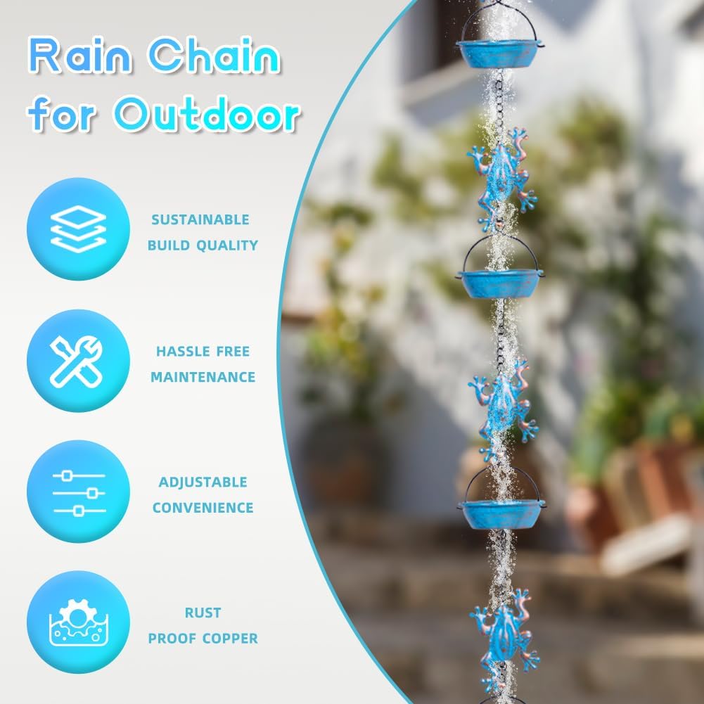 Rain Chain, 11.4FT Frog Rain Chains with 12 Cups, Functional and Decorative Replacement Downspout Rain Chains for Outside