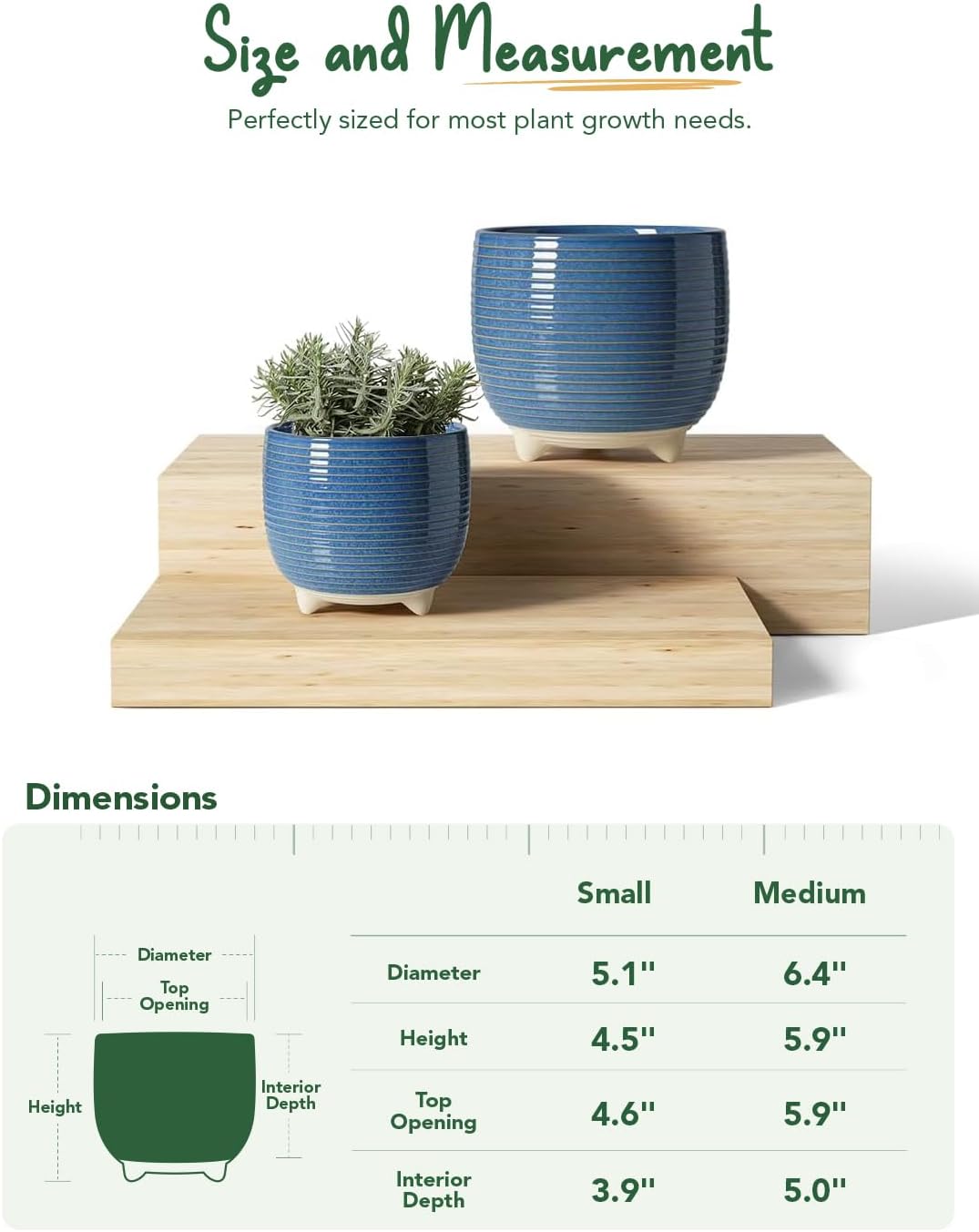 LE TAUCI Ceramic Plant Pots, 5.1 + 6.4 Inch Footed Pots for Plants, Modern Flower Pots for Home and Office, Indoor Planters with Drainage, Reactive Glaze Blue