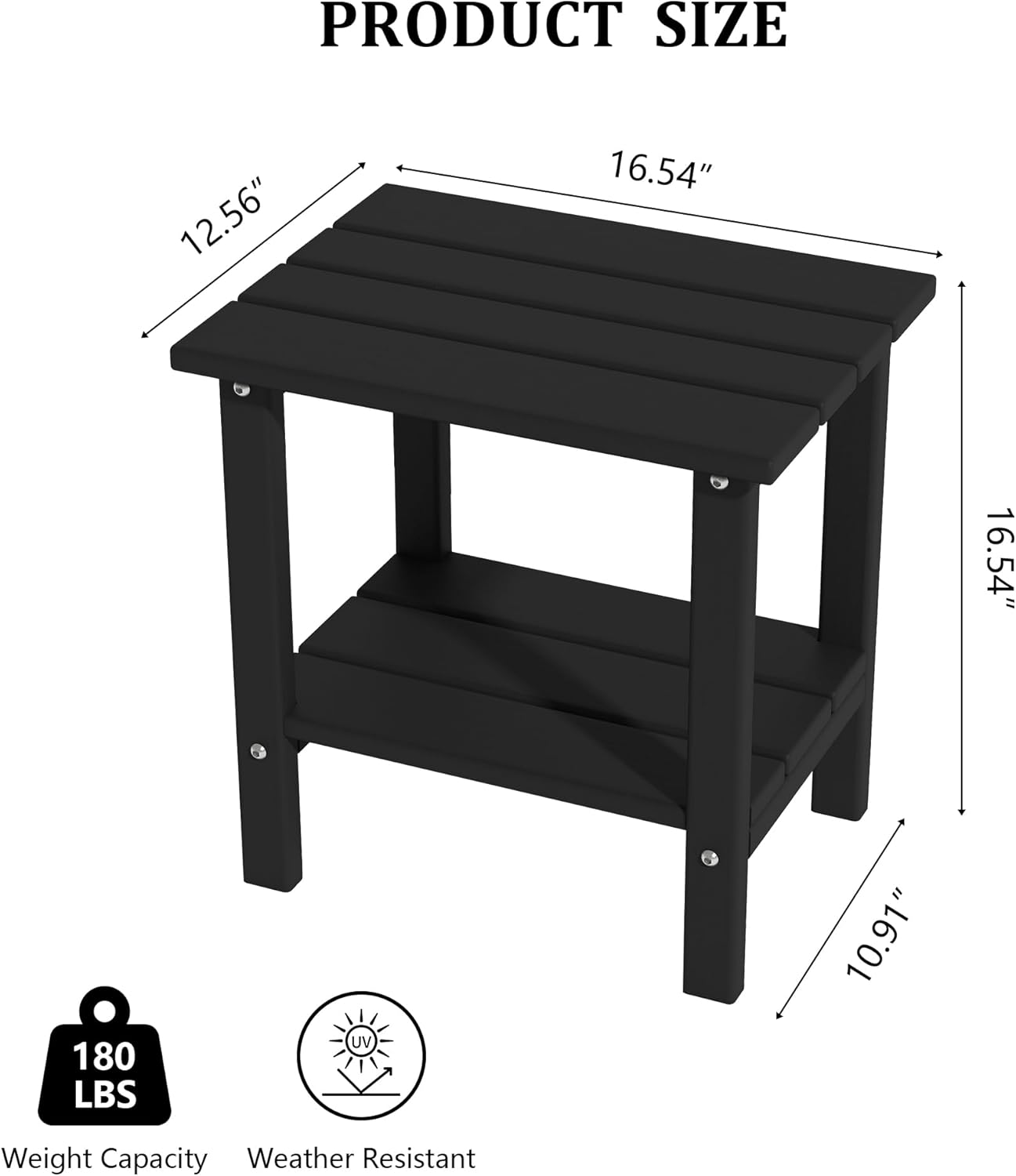 Weather Resistant Outdoor Side Table, Adirondack HDPE Small Outdoor Table, 2-Tier Small Patio Tables for Outside or Indoor, Black