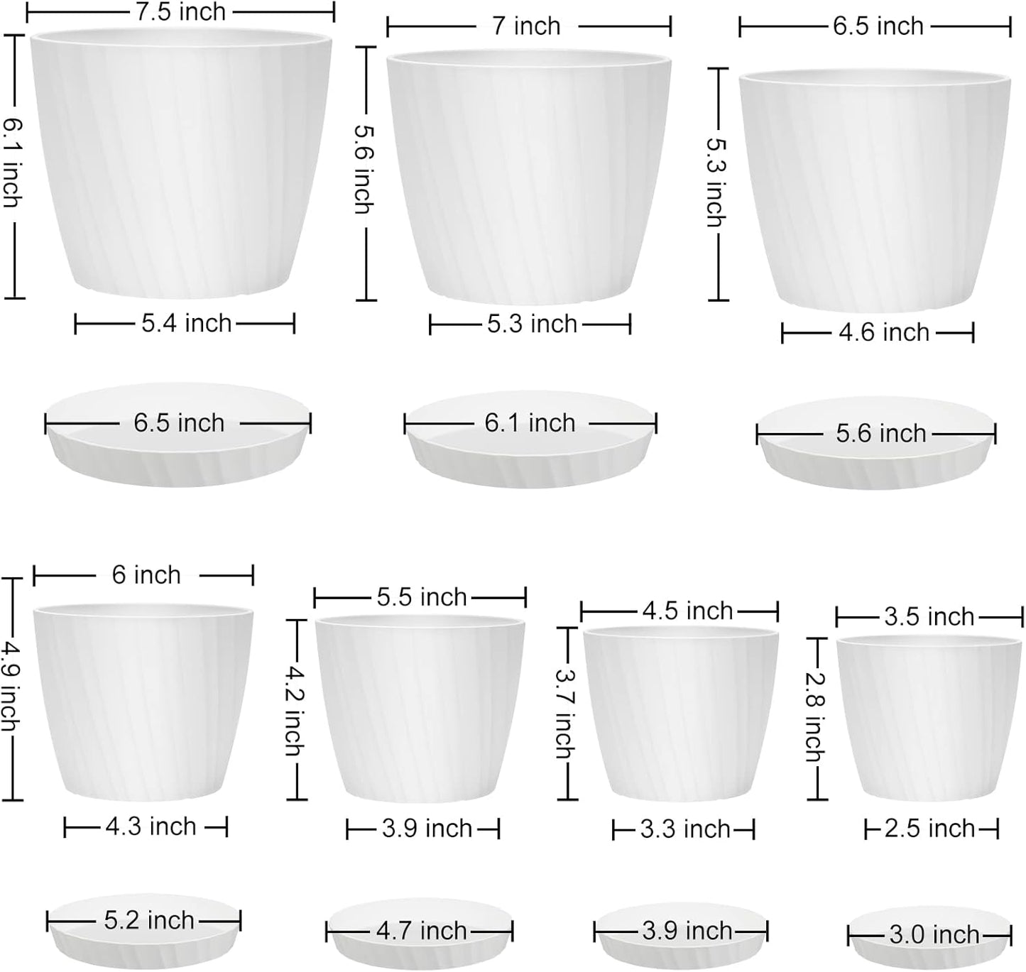 7 pcs Plant Pots with Drainage Holes and Saucers, Indoor Planters, Set of 7 (7.5, 7, 6.5, 6, 5.5, 4.5, 3.5 Inches), White