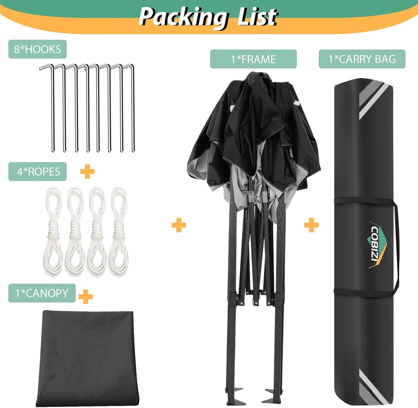 COBIZI 6.6x6.6ft Pop Up Canopy Tent, Heavy Duty Canopy Easy Set up All Weather Waterproof Outdoor Canopy Tent for Parties, Beach, Garden, Camping with 1 Handbag, 3 Adjustable Heights, UPF50+, Black