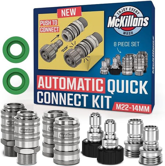 McKillans® 2025 Automatic M22-14mm Pressure Washer Quick Connect Kit - M22 to 3/8 Quick Connect Pressure Washer Fittings - Power Washer Accessories - Hose Adapter Set - 8-Piece Kit (Stainless Steel)