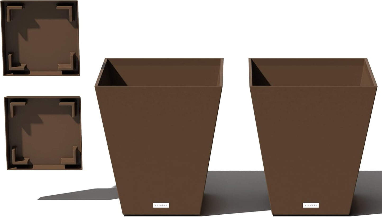 Veradek Nobleton Indoor/Outdoor Wide Square Planter (Espresso, 18" - 2 Pack with 2 Saucer Trays)